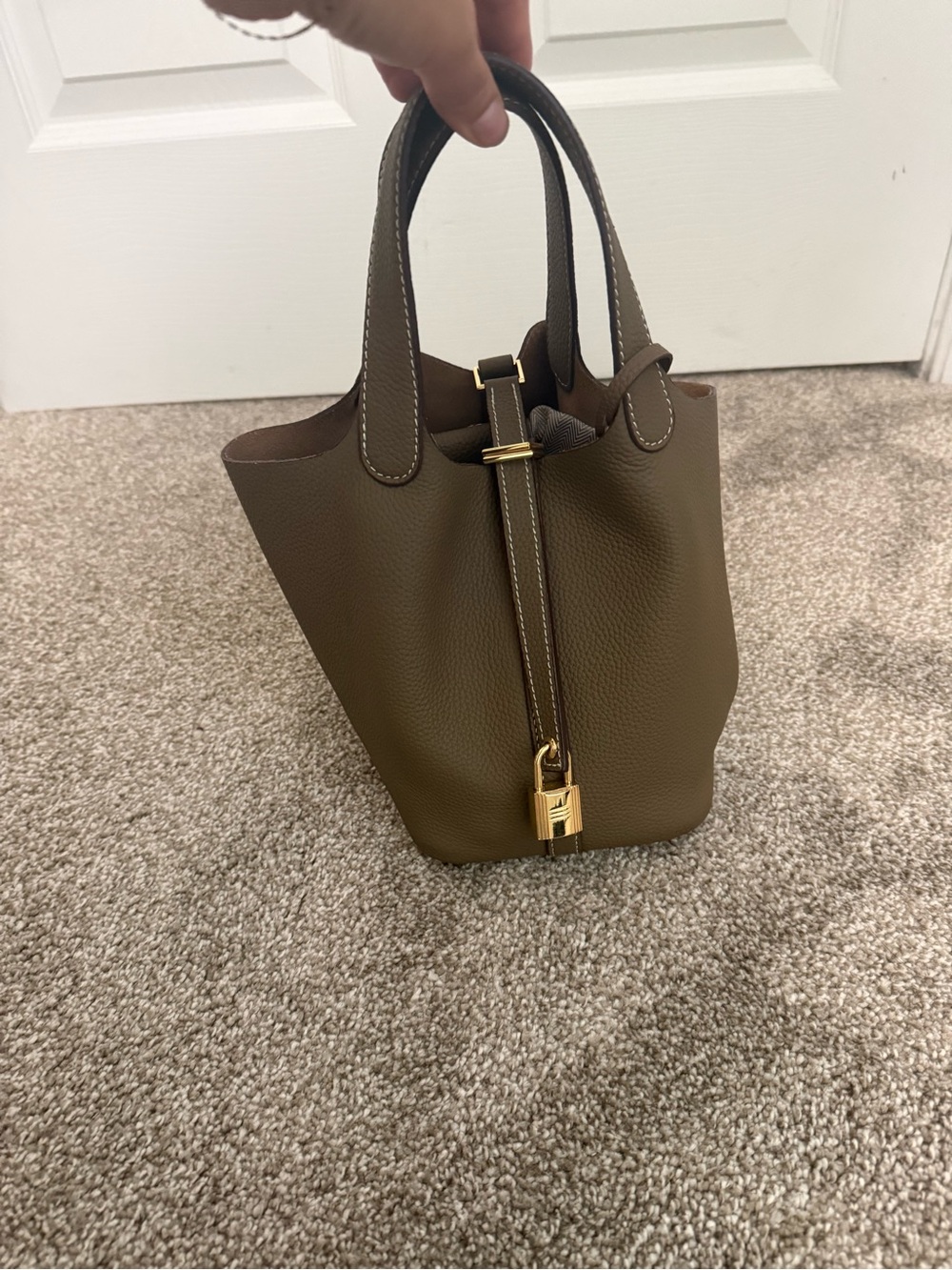 Women's olive Brown Leather Bucket Bag with Gold Hardware
